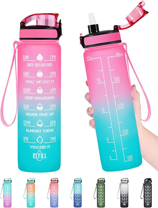 Enerbone Water Bottle, Leakproof BPA & Toxic Free, Motivational Water Bottle with Times to Drink and Straw, Fitness Sports Water Bottle with Strap for Office, Gym, Outdoor Sports