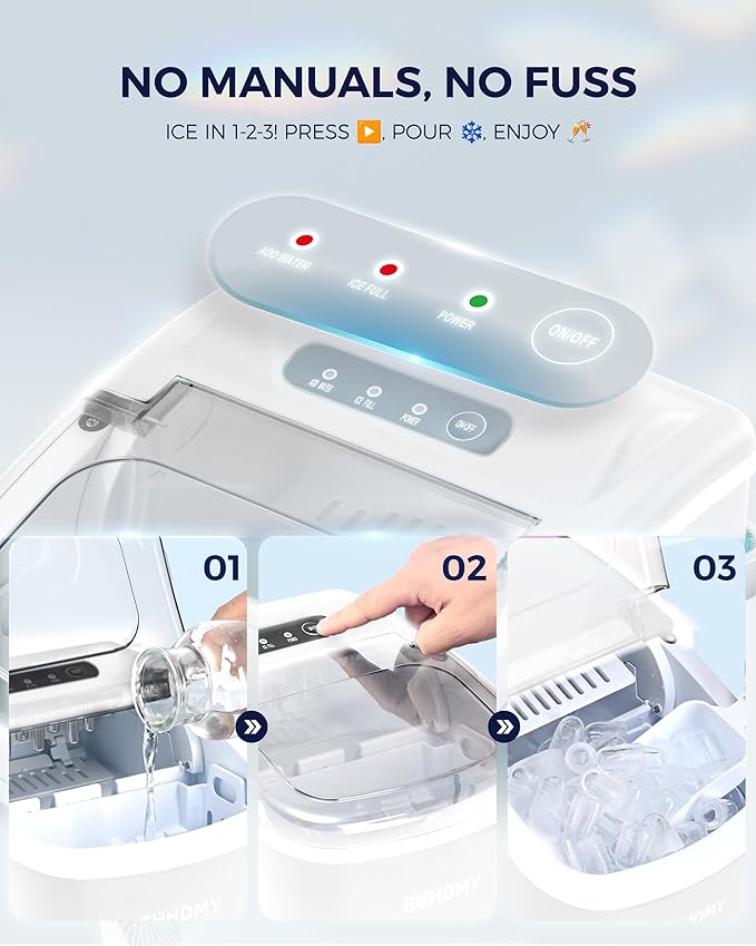 EUHOMY Countertop Ice Maker Machine with Handle, 26lbs Per Day, 9 Ice Cubes Ready in 6 Mins, Auto-Cleaning Portable Ice Maker with Basket and Scoop, for Home/Kitchen/Camping/RV (White)