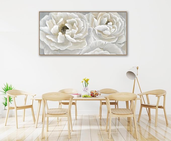 arteWOODS Cream White Flowers Framed Wall Art - Soft Peony Pictures for Wall Decor Elegant Blossom Flower Painting Artwork Botanical Prints for Living Room Home Office Wall Decoration 24" x 48"
