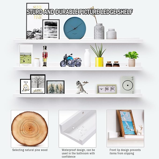 AZSKY 48 Inch White Large Picture Ledges Wood Photo Display Shelf Long Shallow Picture Shelf for Pictures with Lip Wall Mounted Set of 3 for Living Room Bedroom Bathroom Kitchen Same Sizes