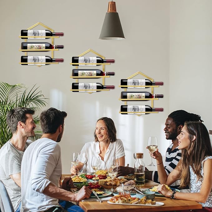 2Pcs Wall Mounted Wine Stemware Rack, Metal Hanging Wine Glass Display Holde Holds 3 Bottles, Elegant Storage for Kitchen Dining Room Bar Wine Cellar (Gold)