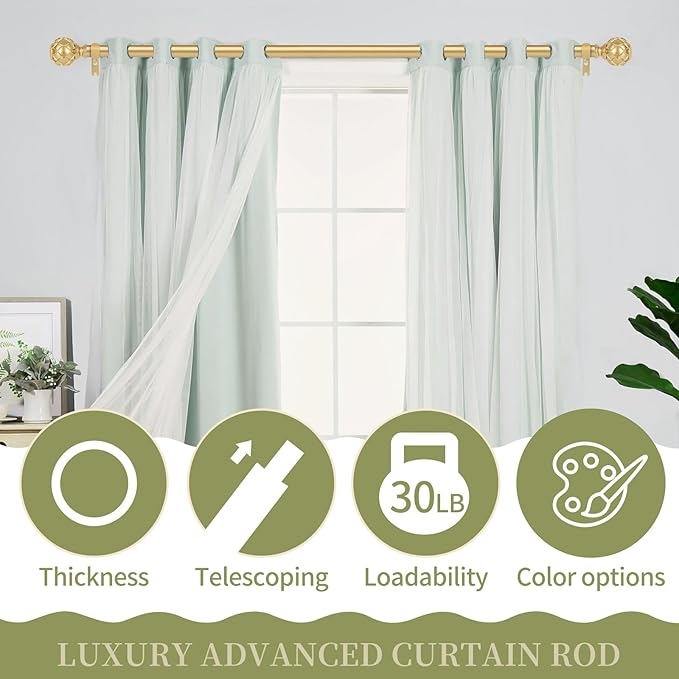 Gold Adjustable Curtain Rods for Windows:Farmhouse Heavy Duty Curtain Rod for Bedroom Living Room,Boho Decorative Rustic Drapery Rod with Vintage Coastal Texture Finial,Brass Gold 2Pack 36-88"