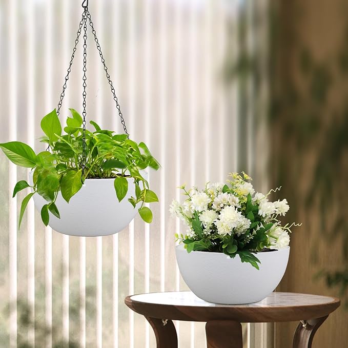 12 inch Large Hanging Planters for Indoor Outdoor Plants, 2 Pack Hanging Flower Pots with Drainage Holes and Chain for Garden Porch, Plastic Hanging Baskets for House Plants, White