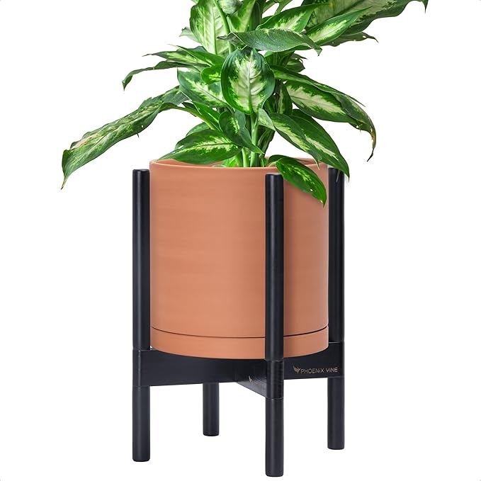 D'vine Dev Terracotta Planter with Ebony Stand - 10 Inch Modern Round Flower Pot with Wood Planter Holder, Terracotta, 55-B-L-5