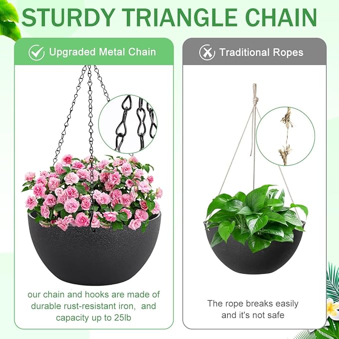 13 inch Hanging Planters for Indoor Plants, 2 Pack Planters for Outdoor Plants with Drainage Holes and Chain, Round Plastic Hanging Baskets, Hanging Flower Pots for Balcony Garden Decor-Black