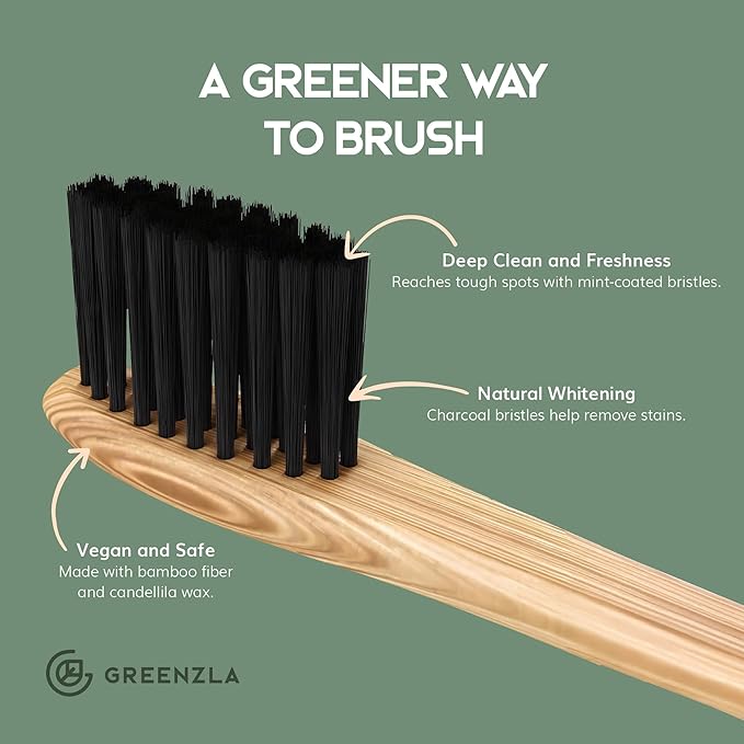 Greenzla Bamboo Toothbrushes, Wooden Toothbrush Set with Soft Bristles, Includes Travel Case and Charcoal Dental Floss, 4 Pack