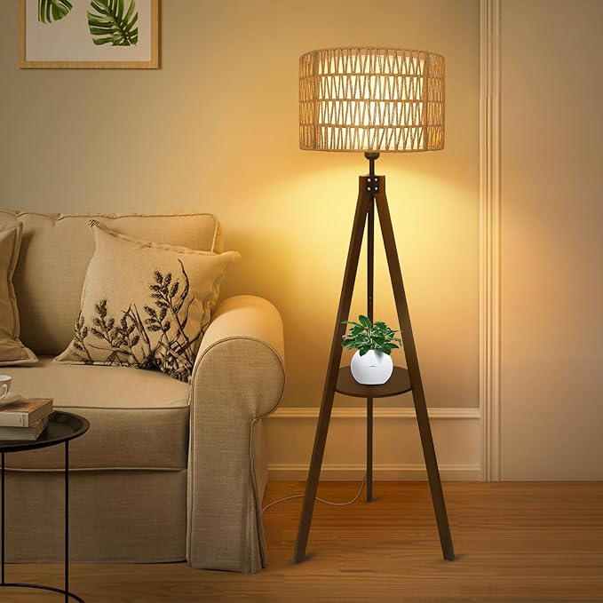 Boho Tripod Floor Lamp with Shelves, Mid Century Wood Standing Lamp with Rattan & Fabric Shades, ON/Off Foot Switch, Modern Farmhouse Tall Floor Lamps for Living Room Bedroom Office