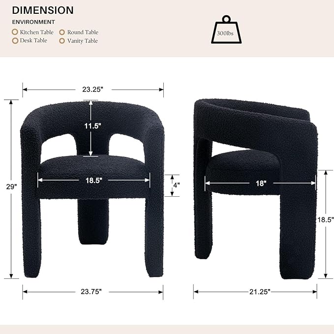 Black Sherpa Dining Chairs Set of 2, Modern Barrel Dining Room Chairs Upholstered Faux Fur Accent Chair with Arms and Round Back for Living Room Kitchen Armchair No Assembly Needed