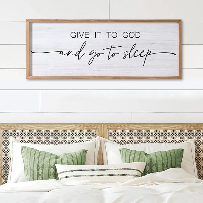 Give It to God and Go to Sleep Decorative Rustic Sign & Plaque Framed Wall Art for Couples, 40''×15'' Vintage Cottagecore Wooden Horizontal Wall Decor Above Bed, Farmhouse Wedding Gift for Bedroom