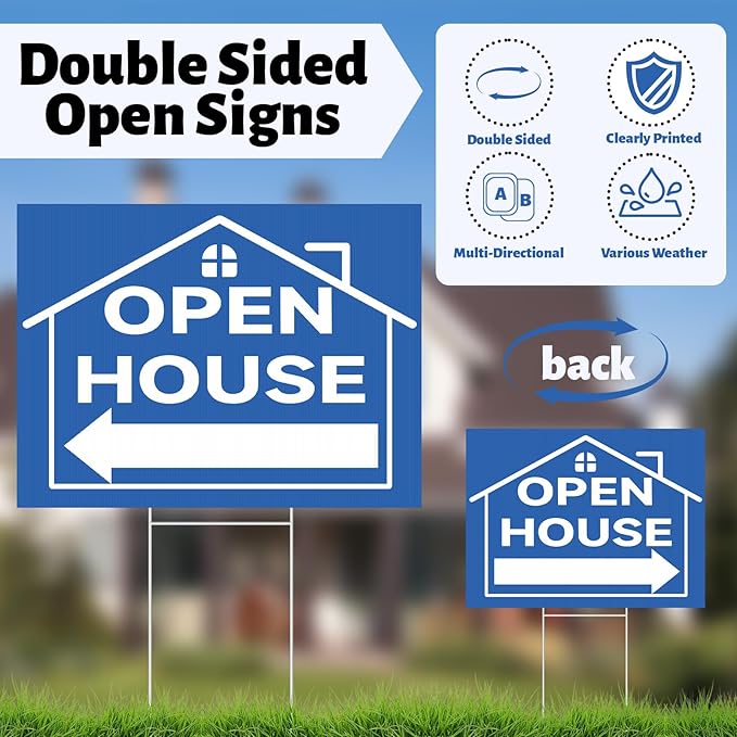 44 Pcs Open House Signs for Real Estate Agent Supplies, Double Sided Open House Flag Kit for Outside, 7.6 x 5.4 Ft Blue Banner Flag Poles Set with Directional Arrows Yard Sign Stakes Balloons