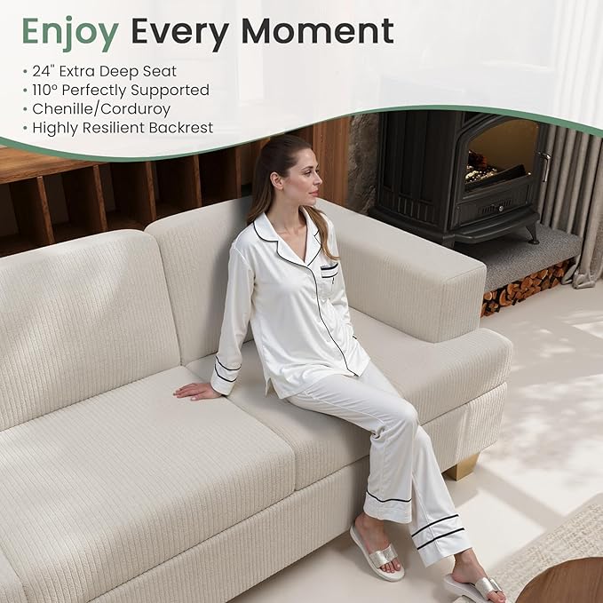 3 Pieces Corduroy Couch Set for Living Room, 3 Seater*2 & Loveseat Cloud Sofa, Deep Seat Floor Couch for Bedroom, Futon Modern Sofa Bed, White Corduroy