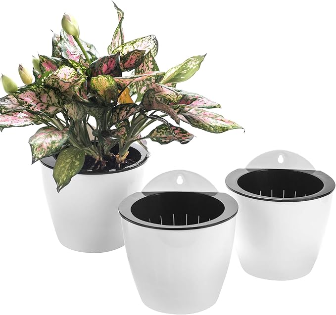 3 Pack Self Watering Wall Hanging Planter Pots Vertical Garden Window Hang Mount Indoor Outdoor Plant Flower Basket for Kitchen Herbs Balcony Railing Shelf Fence Bedroom Trellis Decor Modern White Box