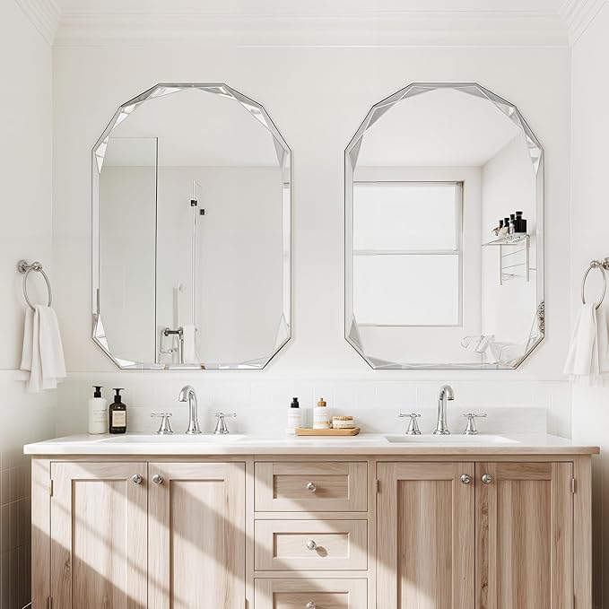 Bathroom Mirror for Wall, 20" x 30" Arched Mirror, Bathroom Vanity Mirrors, Beveled Edge Frameless Wall Mount Vanity Mirror, Wall Mirror Decorative, Irregular Beveled Edge Mirror