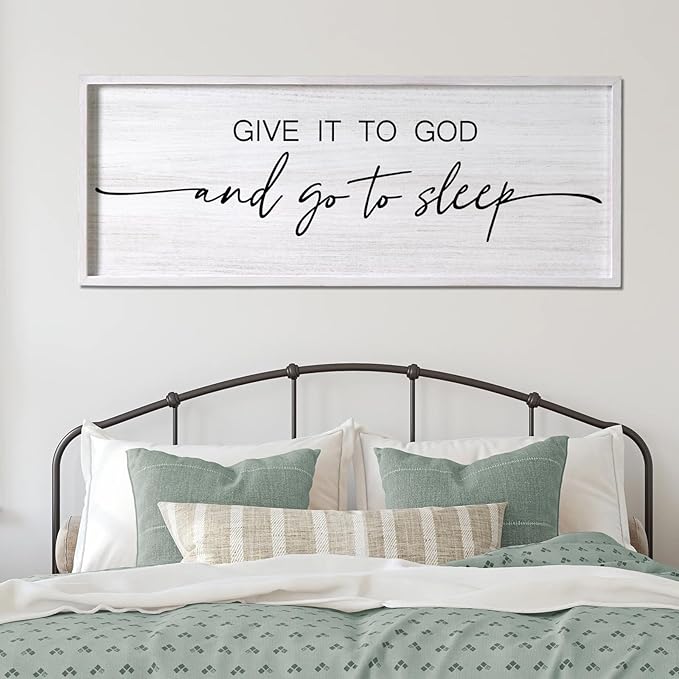 Give It to God and Go to Sleep Decorative Rustic Sign & Plaque Framed Wall Art for Couples, 40''×15'' Vintage Farmhouse Wooden Horizontal Wall Decor Above Bed, Cottagecore Wedding Gift for Bedroom