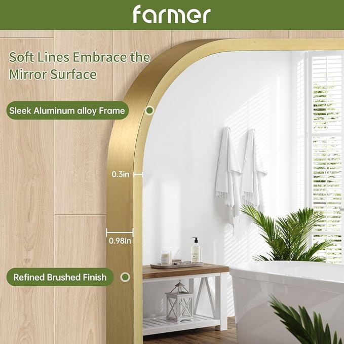 FARMER 22x30 Inch Gold Bathroom Mirror, Rectangle Vanity Mirror, Brushed Mirrors for Wall, Metal Frame Hanging Mirror with Round Corner for Bedrooms, Entryways, Living Rooms, Horizontal/Vertical
