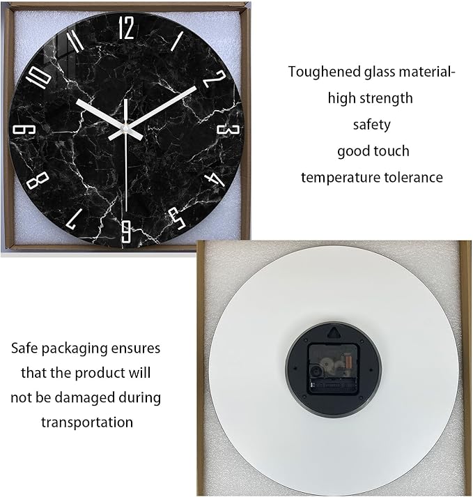 Black Wall Clock for Bedroom Glass Modren Wall Clock Battery Operated 14 Inch Analog Wall Clock Non Ticking