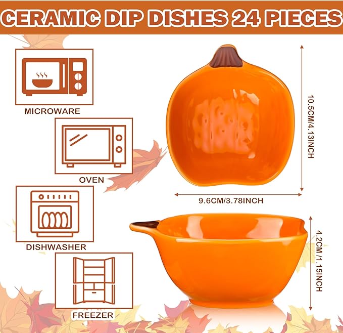 Dandat Fall Ramekins 6 oz Oven Safe Pumpkin Ceramic Ramekins Small Creme Brulee Dishes Dipping Pumpkin Baking Dish Shaped Bowl Plates for Serving Dip, Sauce, Condiments and Snack(24 Pcs)