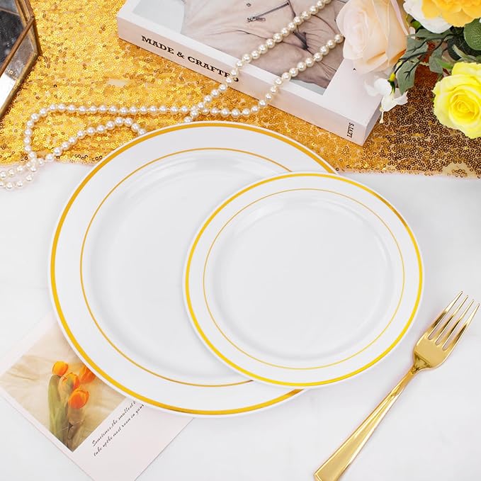 FLOWERCAT 60PCS Gold Plastic Plates - Heavy Duty White and Gold Plastic Plates Disposable for New Year/Thanksgiving Party/Wedding - Include 30PCS 10.25" Dinner Plates and 30PCS 7.5" Dessert Plates