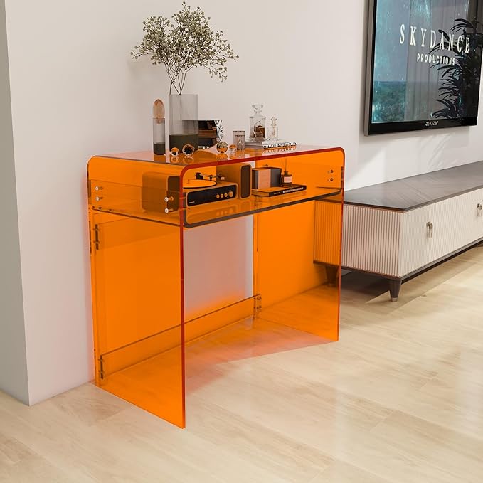 Acrylic Desk, Orange Table, Acrylic Console Table for Office, Study, Bedroom, Entrance Decor (15.5" D x 33.5" W x 29.3" H, Orange)