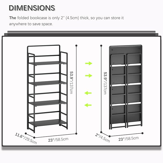4NM No Assembly Foldable Bookshelf, 4-Shelf Collapsible Bookcase Storage for Small Spaces, 54" H, All Black