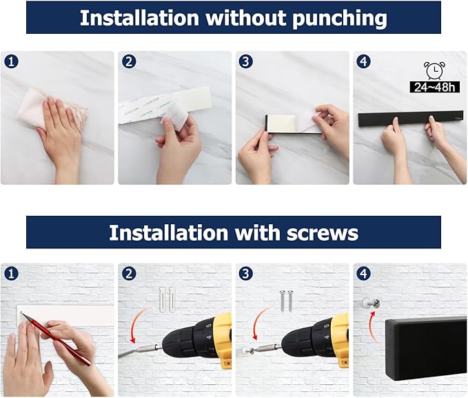 Dmore magnetic knife holder for wall—with 3 hooks, No Drilling 16 Inch black knife magnetic strip, Powerful knife magnet rack, include Adhesive Tape and screws for Knives, Utensils, and Tools