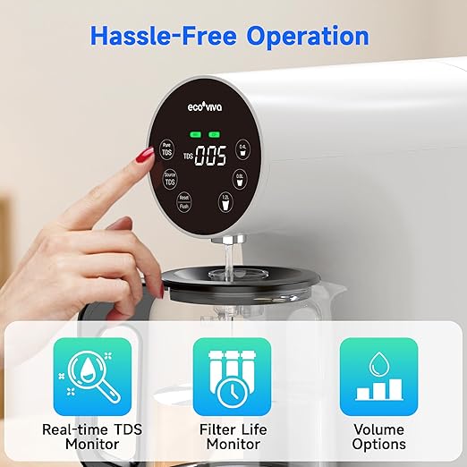 Ecoviva Countertop Reverse Osmosis Water Filter, 6 Stage RO Water Filtration System with Glass Carafe, TDS Displayr, 3:1 Pure to Drain, Portable No Installation Water Purifier White