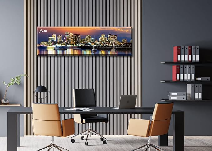 DJSYLIFE Boston Skyline Wall Art Canvas Prints Colorful USA City Night Pictures Modern Panoramic Cityscape Posters Paintings for Bedroom Office Decor, Ready to Hang 13.8"x45.3"