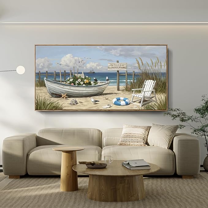 amatop Giant Framed Beach Wall Art Large Nautical Seaside Canvas Print Flower Boat Ocean Horizontal Landscape Picture Sea Birds Artwork for Coastal Farmhouse Living Room Bedroom Office Decor 58×29 Inch