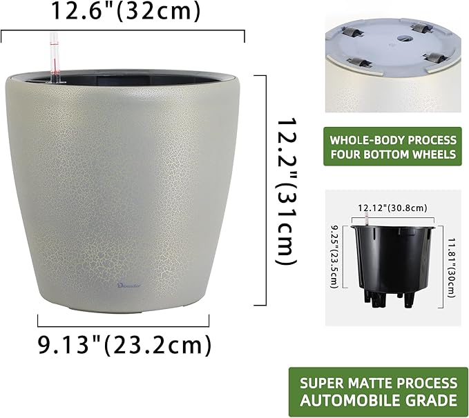Dexceder 13x12 Self Watering Planter with Wheels Indoor Outdoor, Inner Pot Design, Thickened Large Floor Standing Flower Plant Pot with Water Level Indicator (Grey Gold Crackle)
