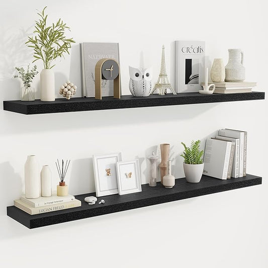 Fun Memories 55 Inch Fireplace Mantel Shelf -Long Floating Shelves, Deep Wall Mounted Farmhouse Display Shelves with Invisible Heavy Duty Metal Bracket, Black, 2 Pack