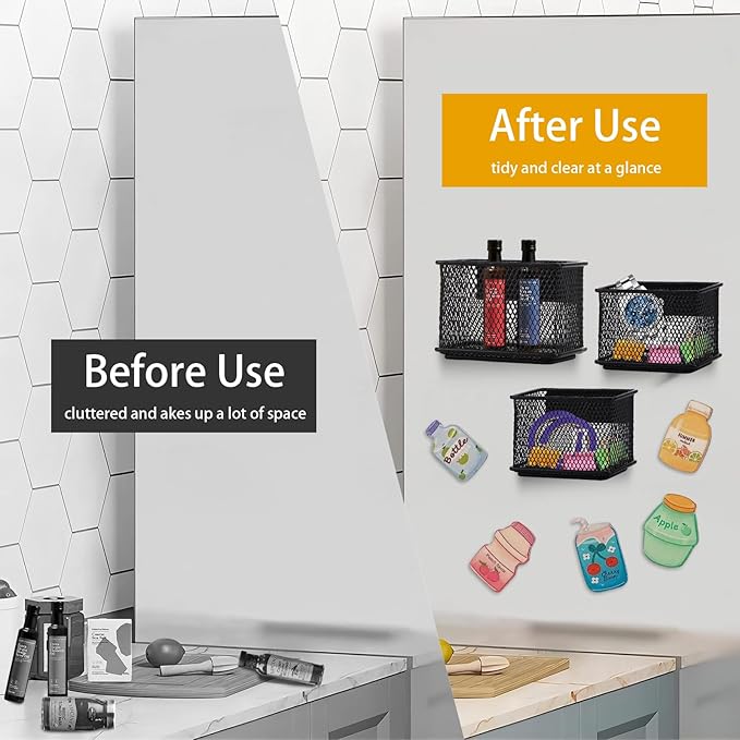 Black Magnetic Basket, Magnetic Organizer Holder Refrigerator Basket, Magnetic Baskets Heavy Duty, Magnetic Holder for Refrigerator Locker Whiteboard Office,Medium x1&Small x2 Set of 3