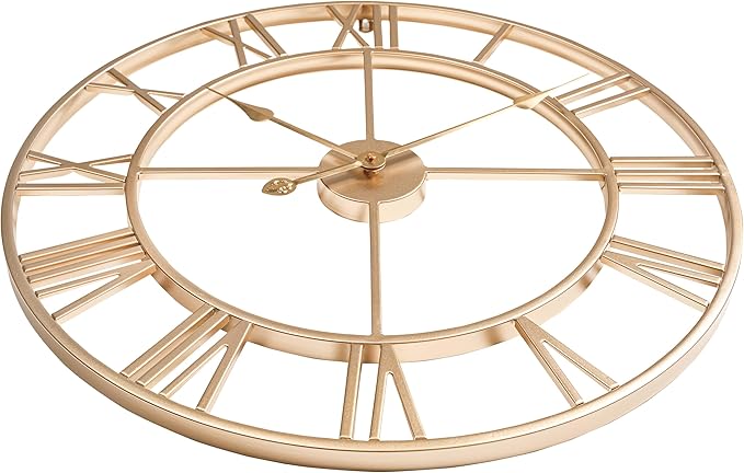 CLXEAST Champagne Gold Metal Wall Clock, Large Roman Numeral 24 Inch Wall Clocks for Living Room Decor,House Warming Gifts New Home