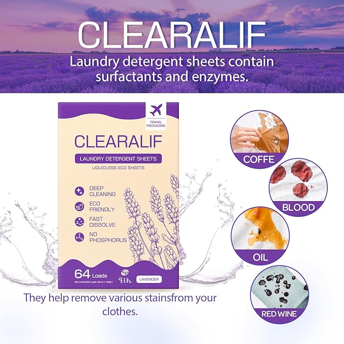 CLEARALIF Laundry Detergent Sheets, Lavender, 64 Load, CLEARALIF Laundry Detergent Strips Eco Friendly & Hypoallergenic