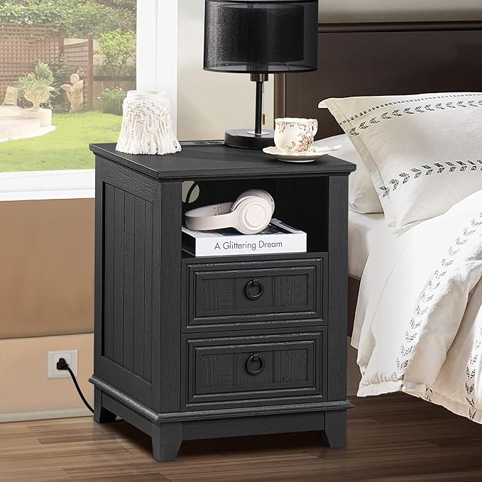 18" Farmhouse Night Stand with Charging Station, 2 Drawers End Table Dresser for Bedroom, Black Wooden Nightstand, Bed Side Table with Open Shelf, Bedside Cabinet for Living Room, Closet