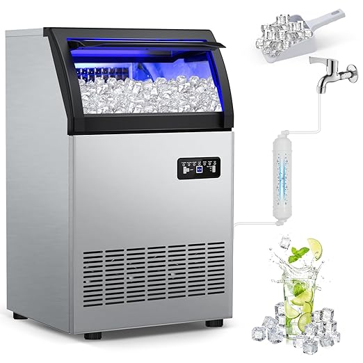 Commercial Ice Maker 260Lbs/24H, Ice Machine 72pcs Ice Cubes, Freestanding Ice Maker Machine with Water Line and Filter, 55Lbs Storage Ice Bin, Stainless Steel Undercounter Ice Maker for Home,Shop,Bar
