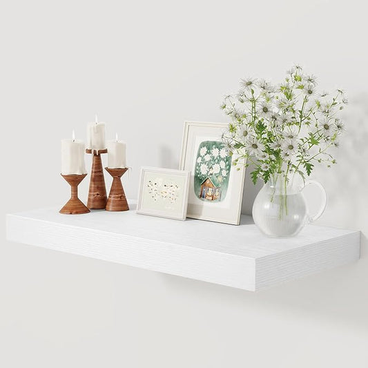 12 Inch Deep White Floating Shelves, 24 x 12 Floating Shelf for Books, Rustic Wood Deep Wall Shelves for Home Storage & Display, 2" Thicked Shelves for Kitchen, Living Room, Bedroom, 1 Pack