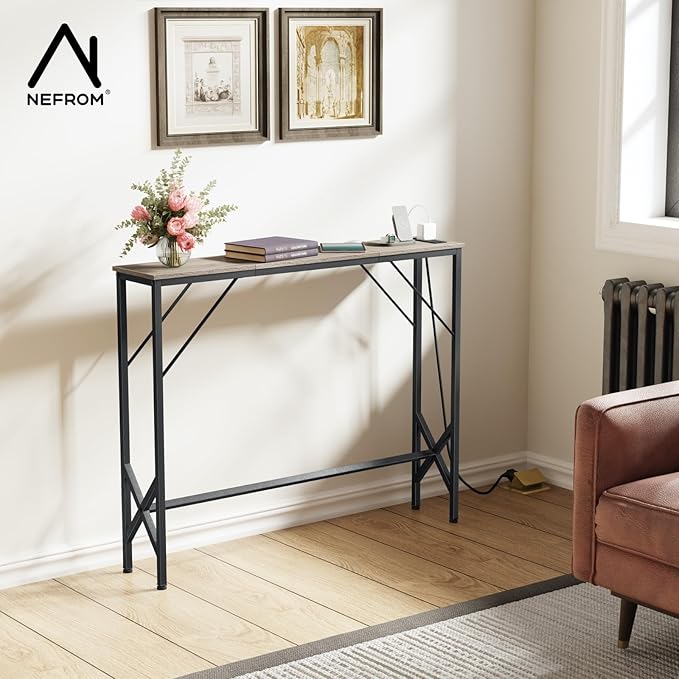 Console Table, Skinny Entryway Table with Fast-Charging Station, Narrow Long Sofa Table, Behind Slim Couch Table for Entrance, Hallway, Living Room Decor ST-GY100-1