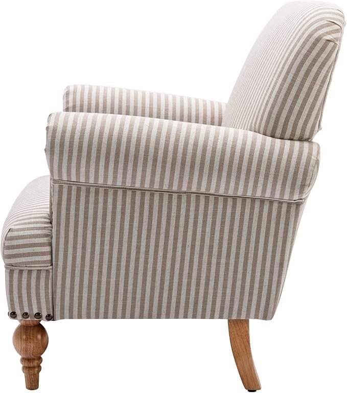 chairus Linen Accent Chair for Living Room Upholstered Mid Century Modern Single Sofa Chair with Solid Wood Legs Comfy Reading Chair Armchair for Bedroom/Office Room/Recption/Lounge, Khaki Stripe