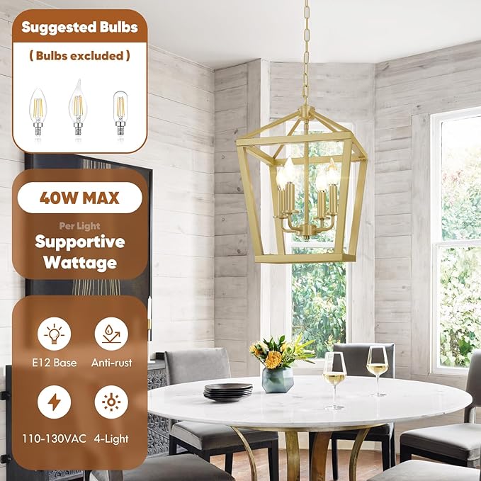 Gold Chandelier 4-Light, Farmhouse Pendant Light Fixture Adjustable Height, Modern Dining Room Light Fixture, Lantern Ceiling Hanging Lighting with Metal Cage for Kitchen Island Entryway Foyer