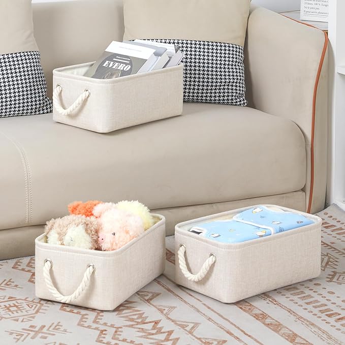 Bidtakay Small Storage Bins for Shelves 3 Pack Fabric Storage Baskets for Organizing 12x8x5 Inch Closet Storage Bins Linen Collapsible Organizer for Closet-Light Biege