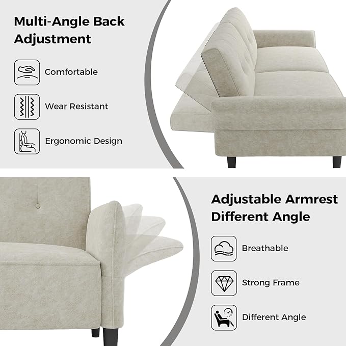 89” Futon Sofa Bed, Comfy Futon Couch Bed with 2 Square Pillows, Convertible Sleeper Sofa with Adjustable Backrest& Armrests, Modern Loveseat Sleeper for Living Room, Bedroom, White