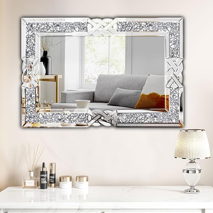 Crushed Diamond Decorative Wall Mirrors, 27.7x39.5 Inch Rectangle Living Room Mirrors for Wall Decor, Modern Glam Bathroom Dining Room Entryway Mirror Silver