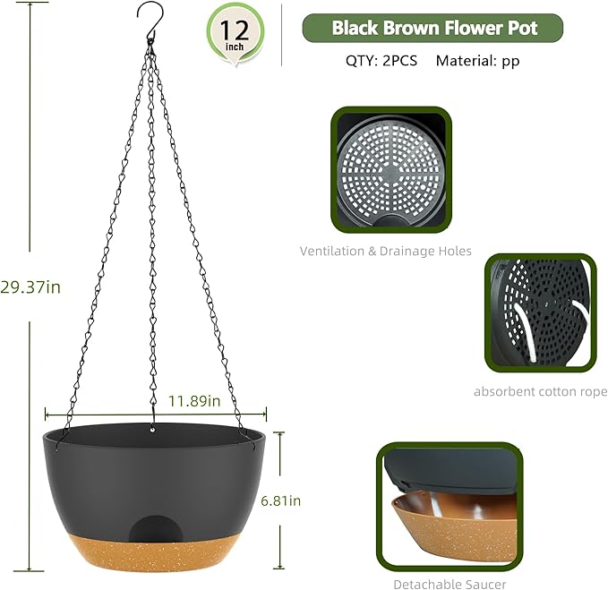 12 Inch Hanging Baskets 2 PC with Chains, Self-Watering Hanging Planters for Indoor Outdoor Plants, Plastic Hanging Flower Pots,Black Brown
