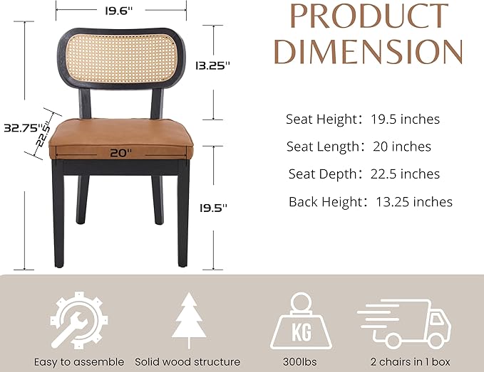 EALSON Mid Century Modern Rattan Dining Chairs Set of 4 Farmhouse Black Wood Kitchen Chairs with Cane Back Leather Upholstered Accent Armless Chairs for Dining/Living Room Restaurant, Brown