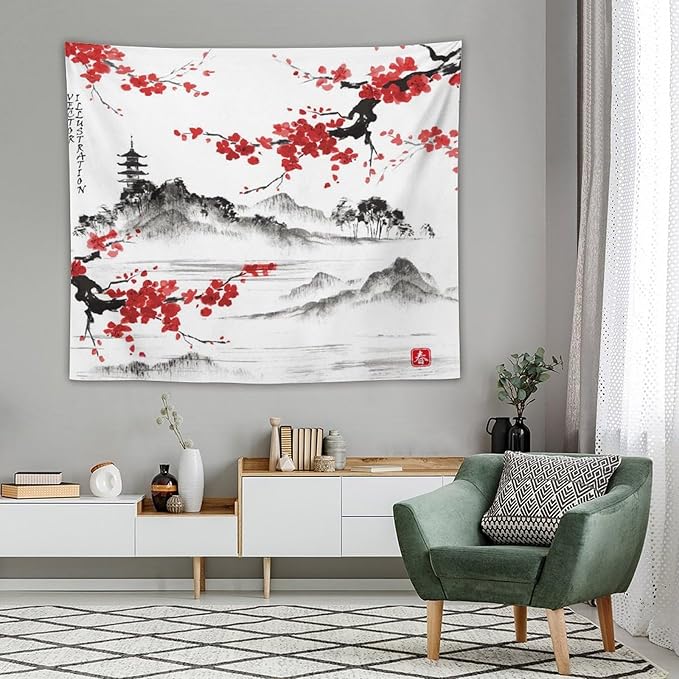 Cherry Blossoms Tapestry, Japanese Fuji Mountain Tapestry, Asian Japanese Wall Tapestry, Nature Landscape Tapestries for Bedroom Living Room Decor 60"x50"
