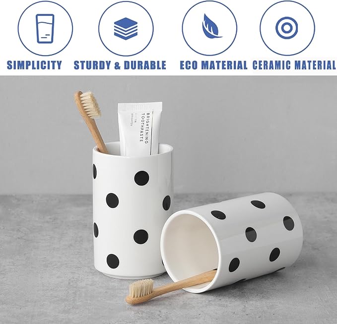 Black Polka Dot Ceramic Toothbrush Holders White - 2 Cups Toothbrush Holders for Bathrooms Toothbrush Toothpaste Holders, White Bathroom Tumbler Cups, Reusable Toothbrush Cups
