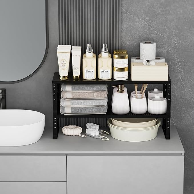 Expandable Spice Rack Kitchen Cabinet Shelf Organizer, Stackable Storage Shelves Racks, Adjustable Counter Shelving for Cabinets, Countertop, Cupboard,Pantry and More(2Packs/Black/Large)