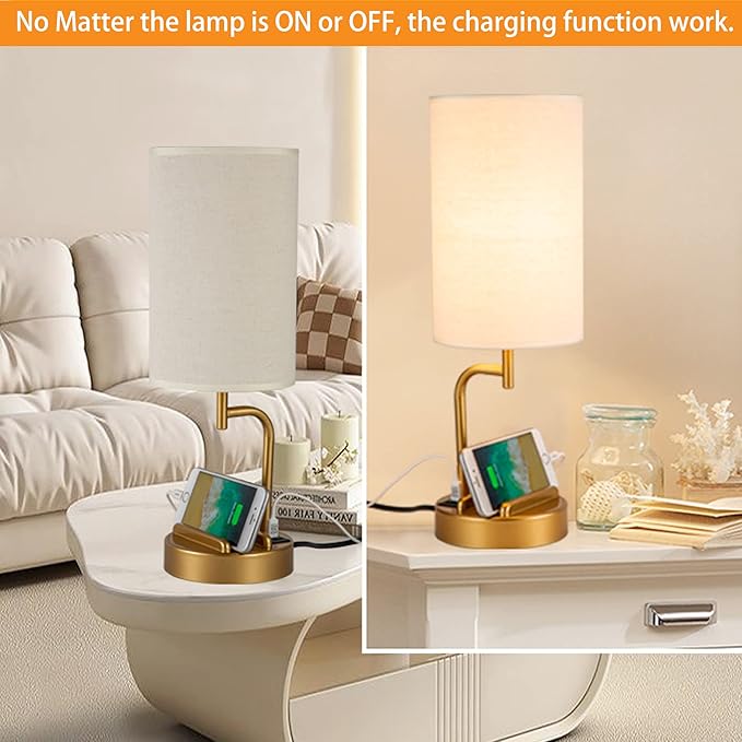 Dreamholder Touch Control USB Table Lamp, Upgraded 3-Way Dimmable Bedside Desk Lamp with USB C & A Charging Ports and AC Outlet, Nightstand Lamp for Bedroom, Dimmable Bulb Included, Gold