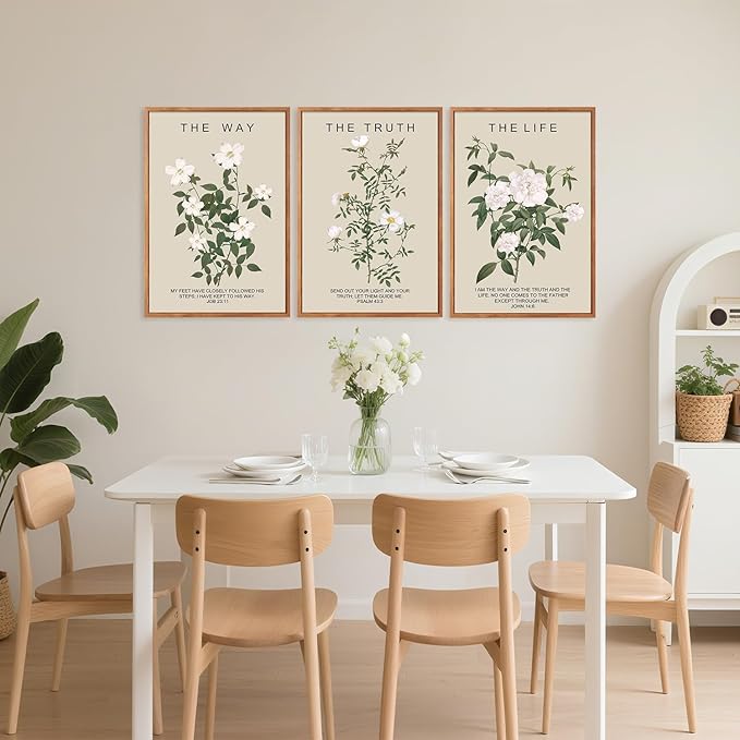 Aurlan The Way The Truth The Life Bible Verse Framed Wall Art(16"x24"), 3PCS Boho Christian Scripture Canvas Artwork, Large Floral Botanical Job 23:11 Psalm 43:3 John 14:6 Decor for Home Bedroom