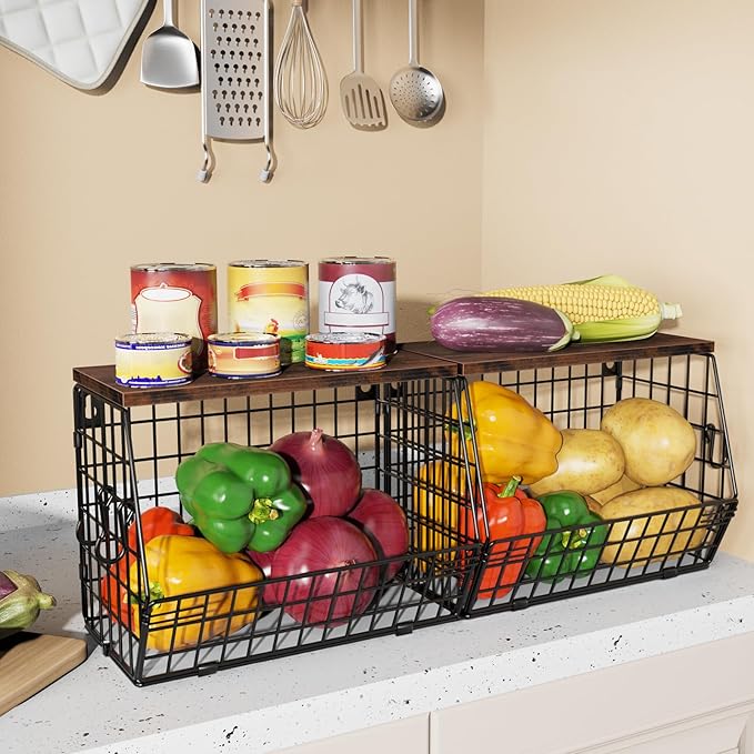 Fruit Bowl, Stackable Wall Mounted Fruit Basket of Smooth Wood Lid with 4 Banana Hanger Hooks, Metal Kitchen Counter Organizer for Snack, Fruit and Vegetable Storage, 11.8 * 7.9 * 8.5 Inches